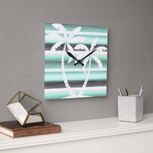 Horloge Carrée Motif Pastel Mint Green Grey