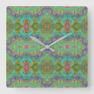 Horloge Carrée Motif psychédélique ondulé bleu aqua et orange