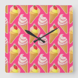 Horloge Carrée Motif rose Kawaii avec crème glacée aux fraises