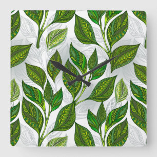 Horloge Carrée Motif sans couture avec Feuilles de thé vert
