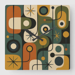 Horloge Carrée Motif Starburst Mid Century Modern