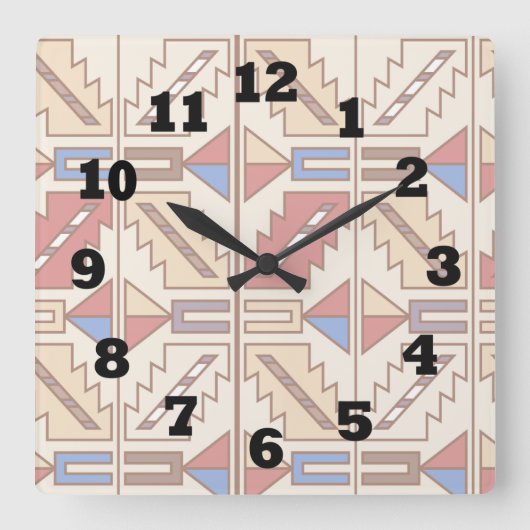 Horloge Carrée Motif sud-ouest en rouge Brown et BLue (Recto)