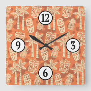 Horloge Carrée Motif Tiki Rétro Moderne du Milieu du Siècle