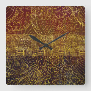 Horloge Carrée Motif tribal d'or sur la peinture Brown