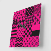 Horloge Carrée Motifs mélangés rose noir (Angle)