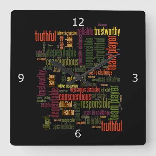 Horloge Carrée Motivation Mots #4 valeurs positives (Recto)