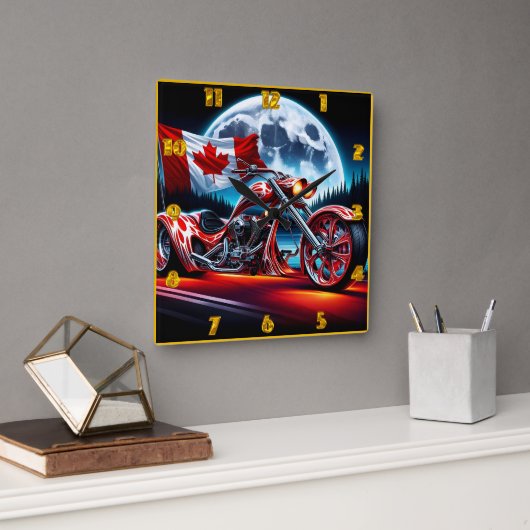 Horloge Carrée Moto sur mesure avec drapeau canadien (Bureau)