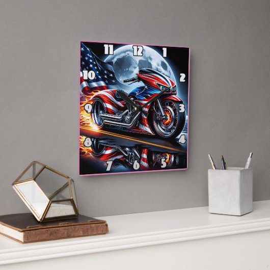 Horloge Carrée Motocyclette vibrante au drapeau (Bureau)