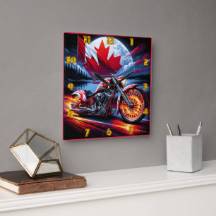 Horloge Carrée Motocyclette vibrante avec drapeau canadien près d