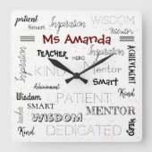 Horloge Carrée Mots Inspirants Appréciation de l'enseignant mento (Recto)
