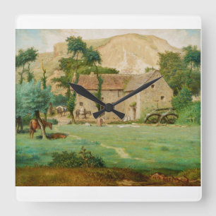 Horloge Carrée Moulin à eau au pied d'une montagne