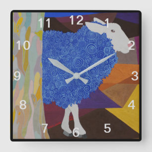 Horloge Carrée Mouton de laine bleu - Nombres gris