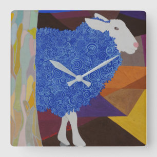 Horloge Carrée Mouton de laine bleue