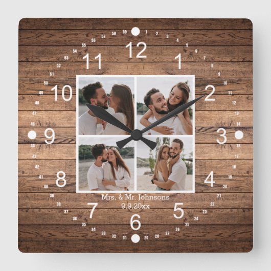 Horloge Carrée mrs & mr élégants 4 photos collage mariage rustiq (Recto)