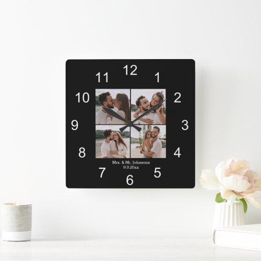 Horloge Carrée mrs & mr noir blanc 4 photos collage mariage (Maison)