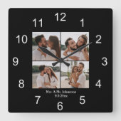 Horloge Carrée mrs & mr noir blanc 4 photos collage mariage (Recto)