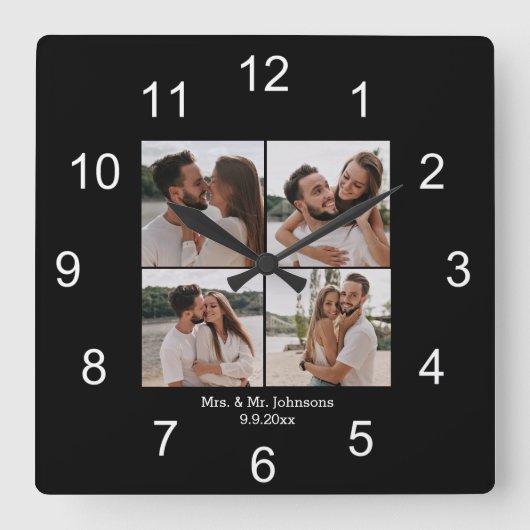 Horloge Carrée mrs & mr noir blanc 4 photos collage mariage (Recto)