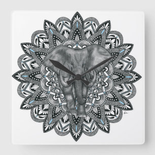 Horloge Carrée Mur de mandala éléphant
