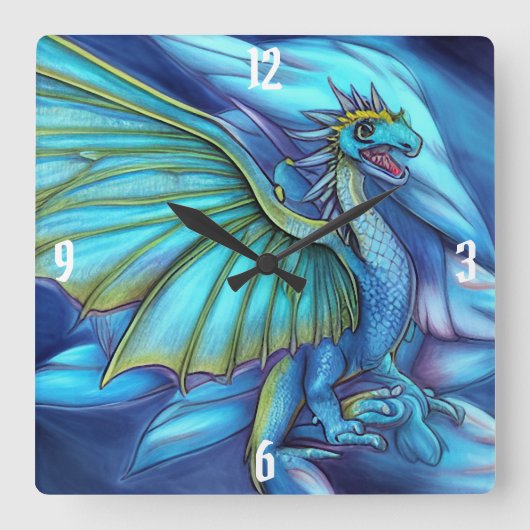 Horloge carrée murale Dragon Bleu et Vert (Recto)