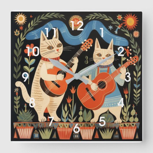 Horloge Carrée Musical Cats Folk Art (Recto)