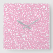 Horloge Carrée Musique Danse Notes Blanches Rose Pâle (Recto)