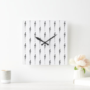 Horloge Carrée Musique Motif Melting Treble Clef noir et blanc