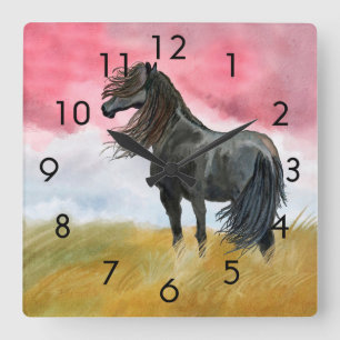Horloge Carrée Mustang noir sauvage de cheval dans l'horloge de