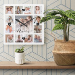 Horloge Carrée Nanna Script Family Memory Photo Grid Collage<br><div class="desc">Un beau cadeau personnalisé pour votre Nanna qu'elle chérira pour les années à venir. Dispose d'une moderne treize matrices photo pour afficher 13 de vos propres souvenirs de photos de famille. "Nanna" a été conçu dans un magnifique style manuscrit noir. Chaque photo est encadrée d'un simple cadre doré. Les coeurs...</div>