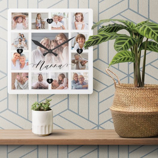 Horloge Carrée Nanna Script Family Memory Photo Grid Collage