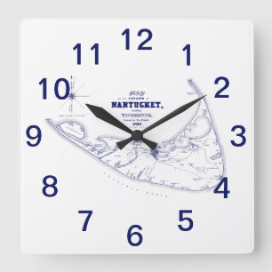 Horloge Carrée Nantucket Island MA Carte Vintage Marine Blue