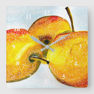 Horloge Carrée Nashi poires jaune aquarelle fruit