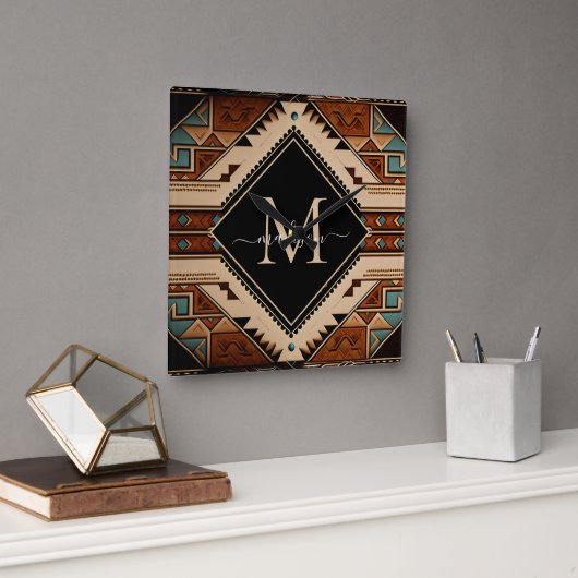 Horloge Carrée Native American Indian Culture Boho Style Monogram (Bureau)