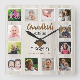 Horloge Carrée Natural Wood 12 Photo Collage Grandkids Citation
