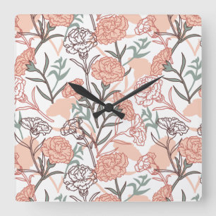 Horloge Carrée Nature Inspirée Florale : Motif de Fleur d'Oeillet