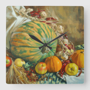 Horloge Carrée Nature morte de la récolte rustique avec citrouill