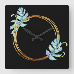 Horloge Carrée Nature Tropical Blue Gold Monstera