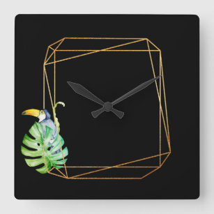 Horloge Carrée Nature Tropical Blue Gold Toucan Leaf Poligonal