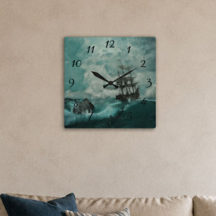 Horloge Carrée Naufrage de navire nautique vintage dans une tempê
