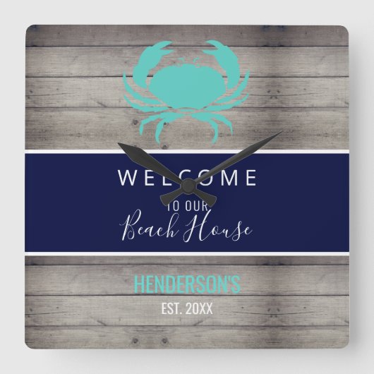 Horloge Carrée Nautical Beach Rustique Bois Nom de la famille (Recto)