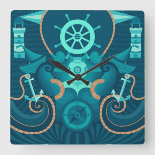 Horloge Carrée Nautical Blue Design