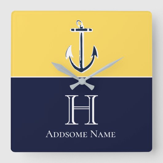 Horloge Carrée Nautical Navy Blue Mustard Yellow Anchor monogram (Recto)