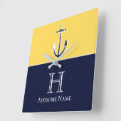 Horloge Carrée Nautical Navy Blue Mustard Yellow Anchor monogram (Angle)