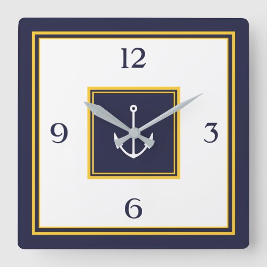 Horloge Carrée Nautical Navy Blue Yellow Anchor Square Wall Clock (Recto)