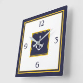Horloge Carrée Nautical Navy Blue Yellow Anchor Square Wall Clock (Angle)