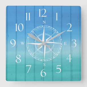 Horloge Carrée Nautical Ship Compass Blue Wood