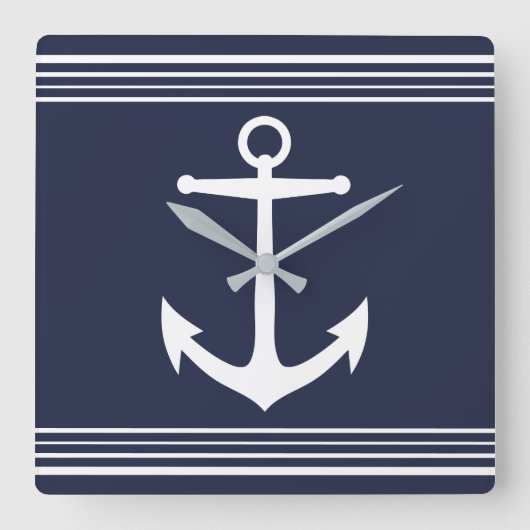 Horloge Carrée Nautical White Anchor et Stripes Navy Blue (Recto)