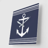 Horloge Carrée Nautical White Anchor et Stripes Navy Blue (Angle)