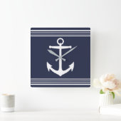 Horloge Carrée Nautical White Anchor et Stripes Navy Blue (Maison)