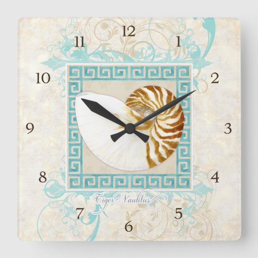 Horloge Carrée Nautilus Shell aquarelle grecque clé Damask plage (Recto)