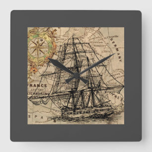 Horloge Carrée Navire Vintage et carte